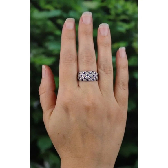 14k White Gold Blue Enamel Textured Diamond Pattern Dome Ring Size 8 1/4 - Picture 2 of 6